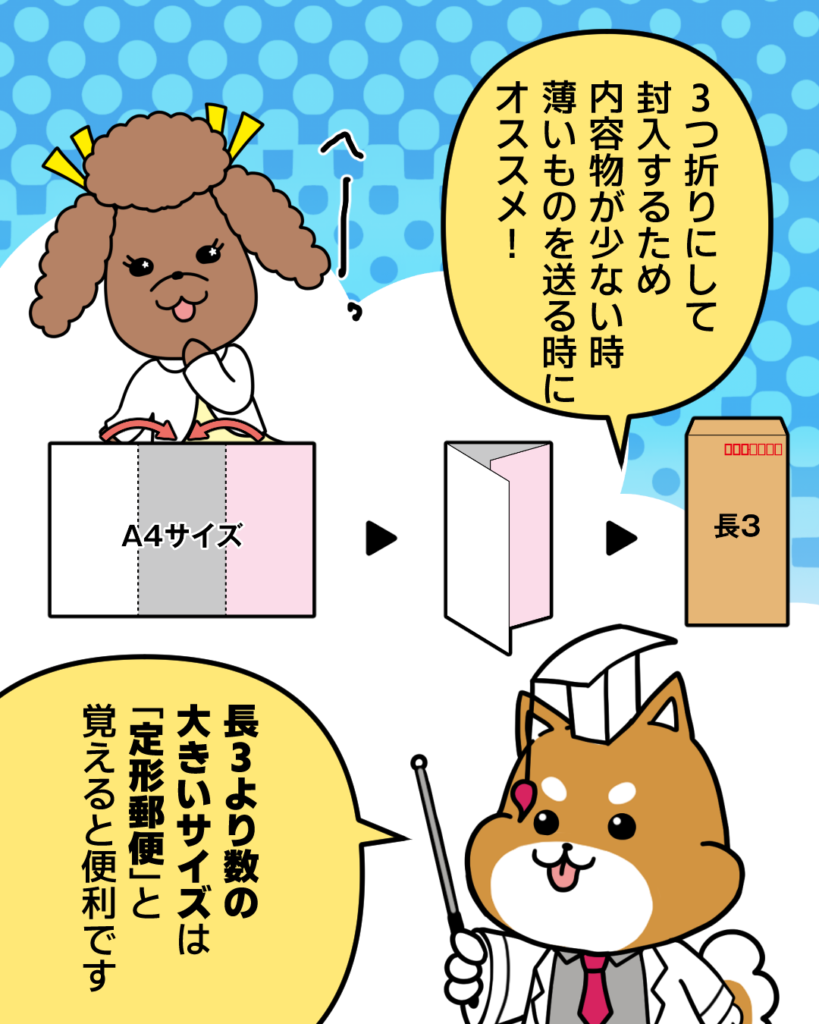 ３つ折りにして封入するため内容物が少ない時薄いものを送る時におすすめ！
長３より数の大きいサイズは「定型郵便」と覚えると便利です